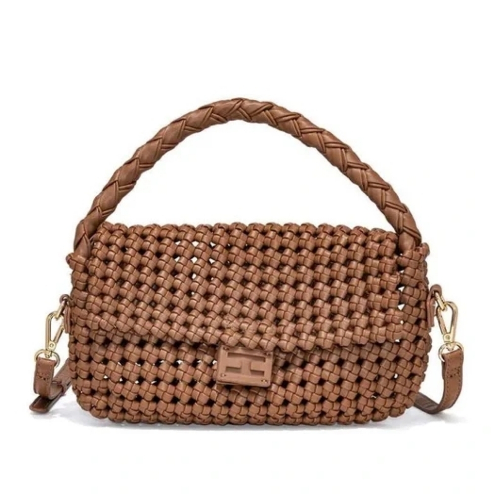 Trendy Brown Waffle Weave Clutch Shoulder Strap Bag
